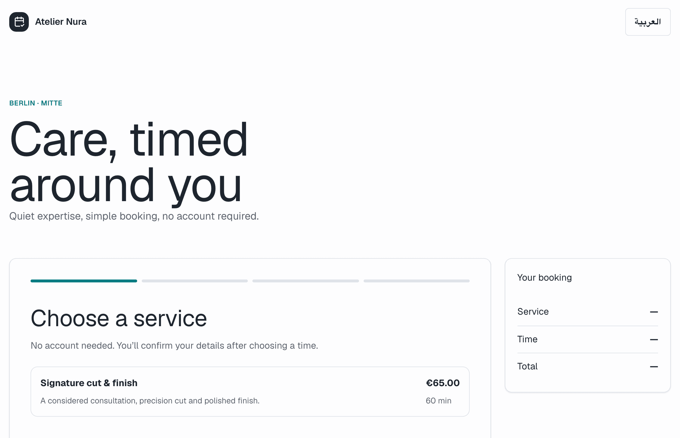 The booking page for a salon, listing one service with its price and duration.