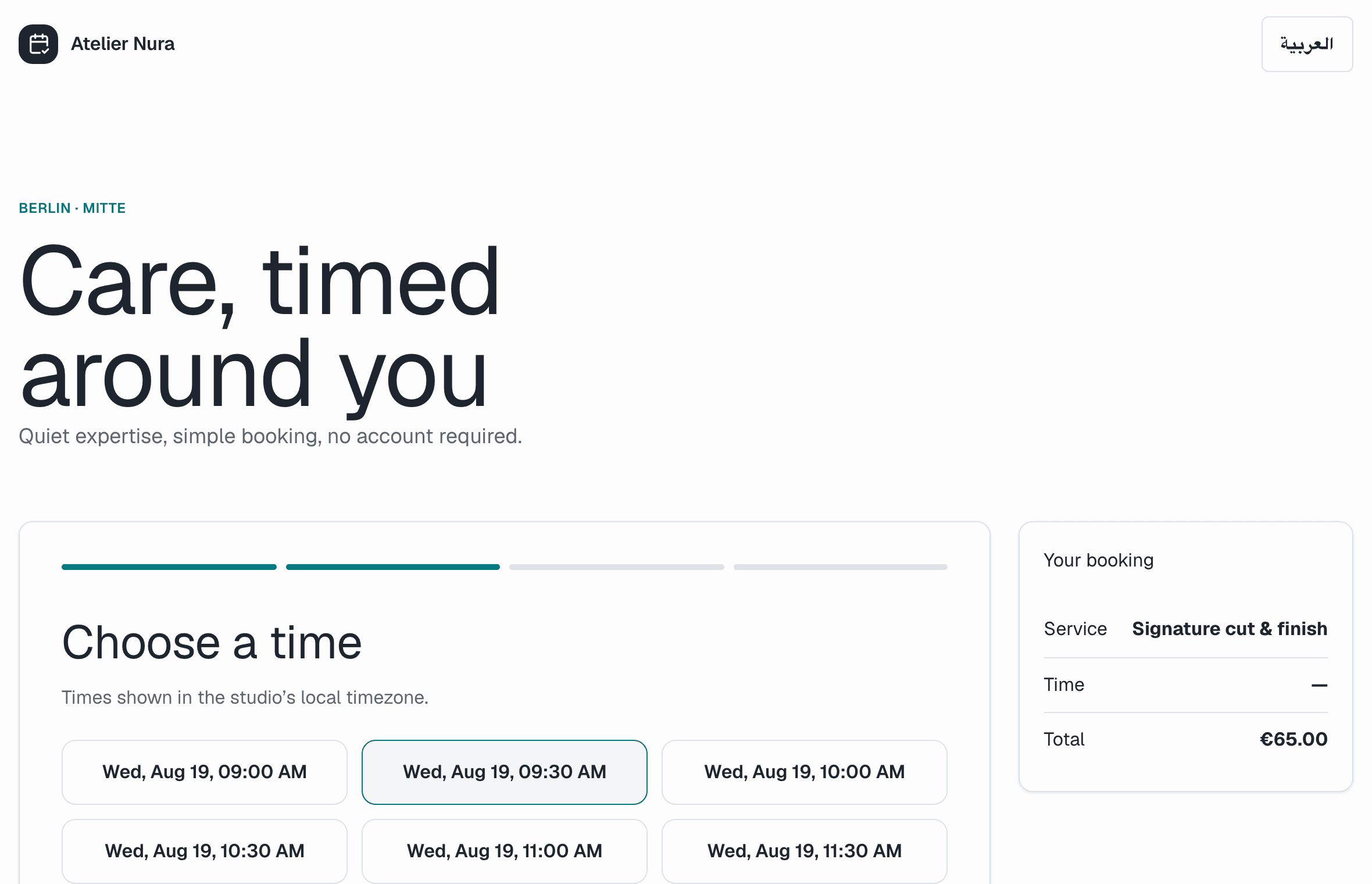 The same booking page after choosing a service, showing selectable times.